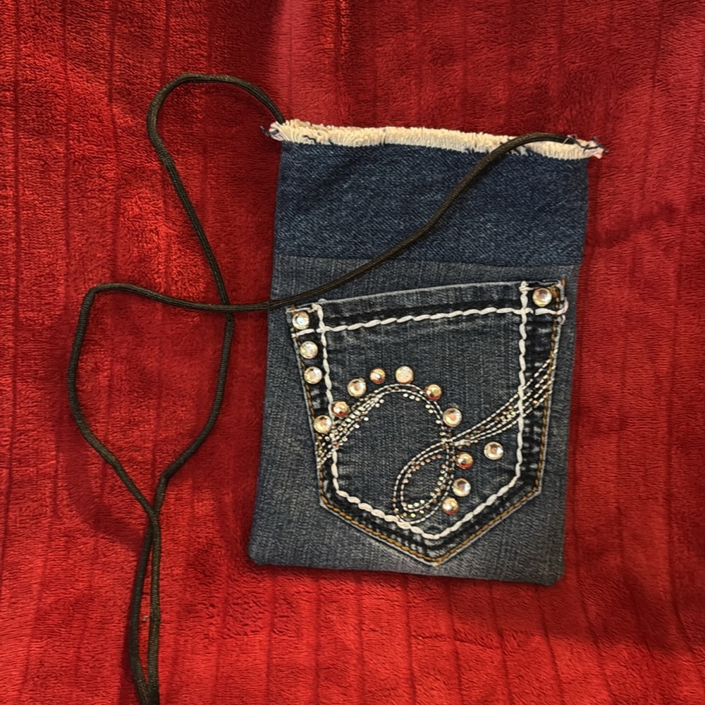 76. Upcycled denim crossbody purse with black cord strap hand made